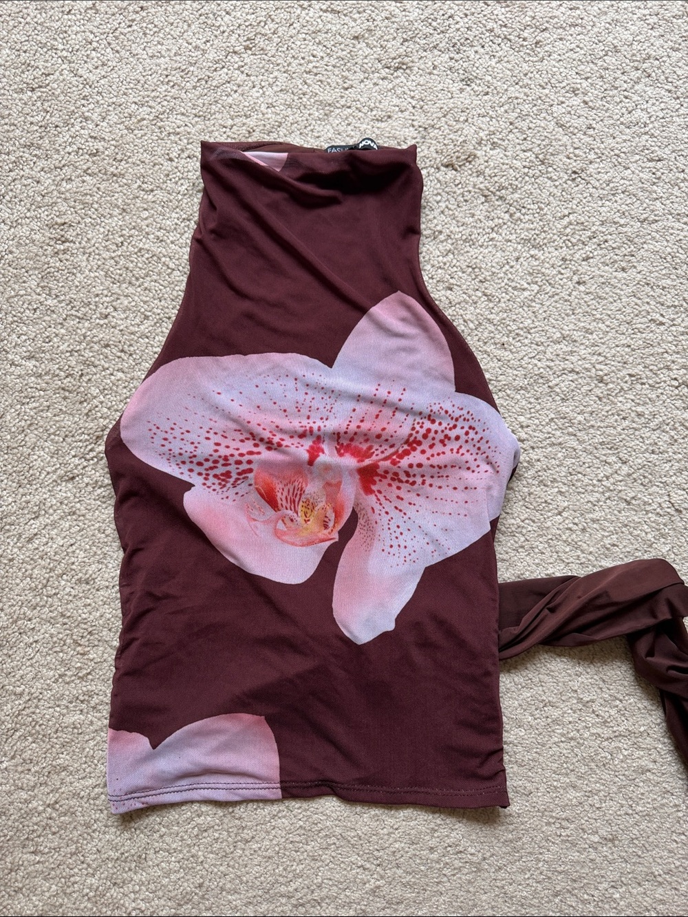 Fashion Nova Burgundy Backless Halter Tank with Pink Floral Orchid
